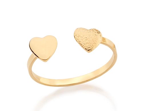 ANEL AJUSTÁVEL BANHADO A OURO 18K COM DOIS CORAÇÕES