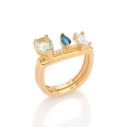 KIT ANEL MULTIFORMAS BANHADO A OURO 18K COM ZIRCÔNIAS E CRISTAIS