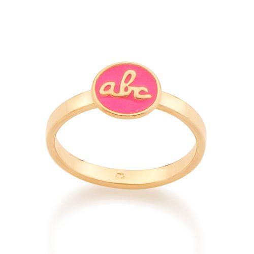 ANEL INFANTIL BANHADO A OURO 18K COM ESCRITA ABC E APLICAÇÃO DE RESINA-ROSA