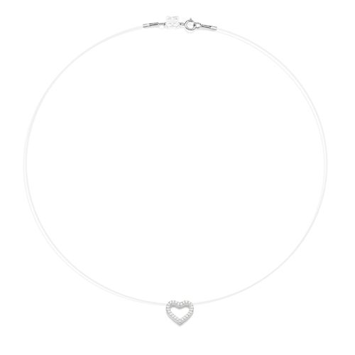 GARGANTILHA FIO DE NYLON CORAÇÃO DE PRATA MACIÇA 925 COM ZIRCÔNIAS