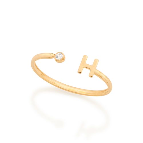 ANEL AJUSTÁVEL LETRA BANHADO A OURO 18K COM ZIRCÔNIA-LETRA H