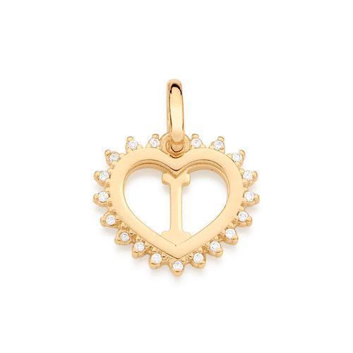 PINGENTE CORAÇÃO COM LETRA BANHADO A OURO 18K COM ZIRCÔNIAS-LETRA I