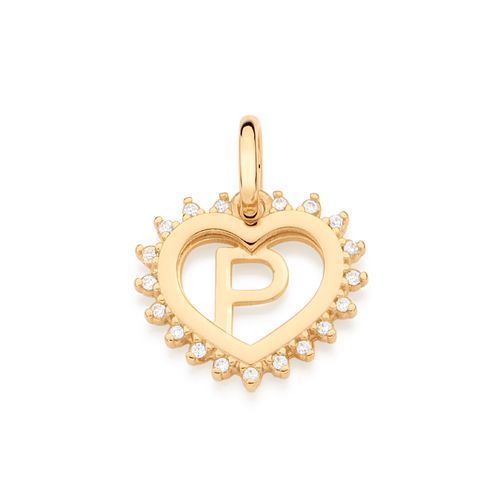 PINGENTE CORAÇÃO COM LETRA BANHADO A OURO 18K COM ZIRCÔNIAS-LETRA P