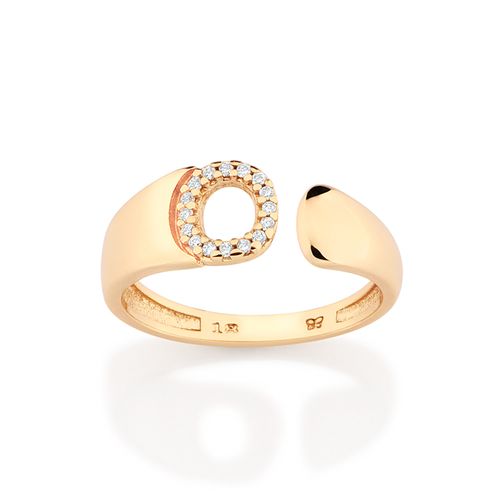 ANEL LETRA BANHADO A OURO 18K COM ZIRCÔNIAS -LETRA O