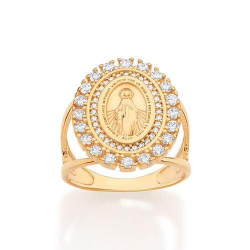 MAXI ANEL NOSSA SENHORA DAS GRAÇAS BANHADO A OURO 18K COM ZIRCÔNIAS