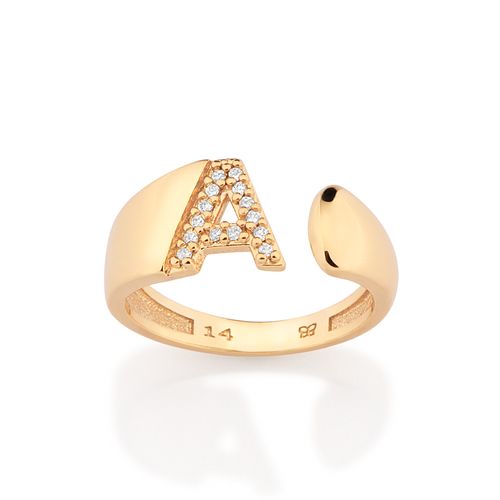 ANEL LETRA BANHADO A OURO 18K COM ZIRCÔNIAS -LETRA A