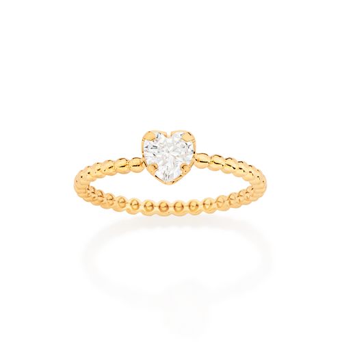 ANEL SOLITÁRIO CORAÇÃO BANHADO A OURO 18K COM ZIRCÔNIA E MEIA ESFERAS