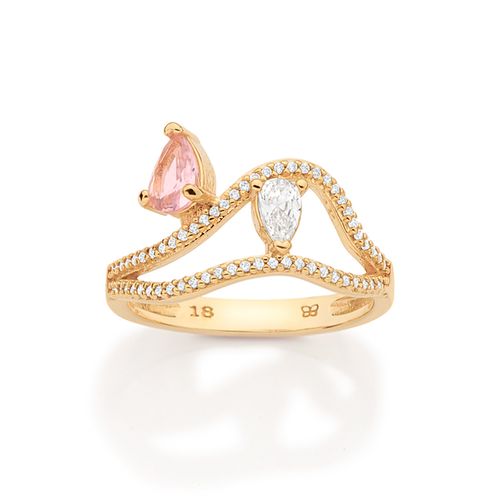 ANEL ABSTRATO BANHADO A OURO 18K COM ZIRCÔNIAS E CRISTAL
