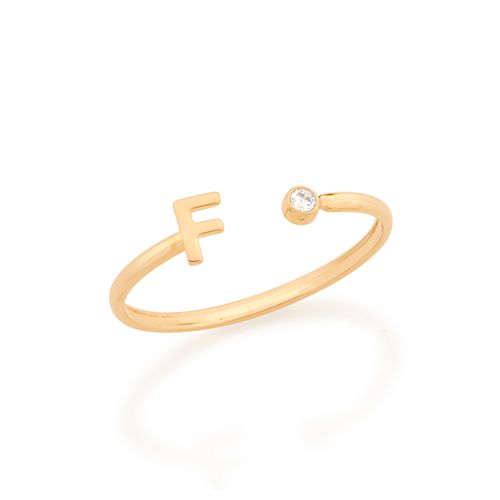 ANEL AJUSTÁVEL LETRA BANHADO A OURO 18K COM ZIRCÔNIA-LETRA F