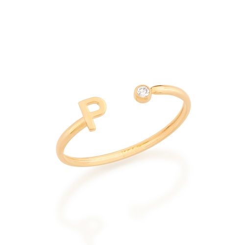 ANEL AJUSTÁVEL LETRA BANHADO A OURO 18K COM ZIRCÔNIA-LETRA P