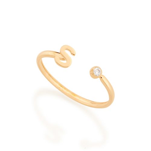 ANEL AJUSTÁVEL LETRA BANHADO A OURO 18K COM ZIRCÔNIA-LETRA S