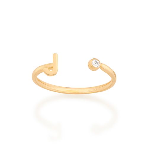 ANEL AJUSTÁVEL LETRA BANHADO A OURO 18K COM ZIRCÔNIA-LETRA J