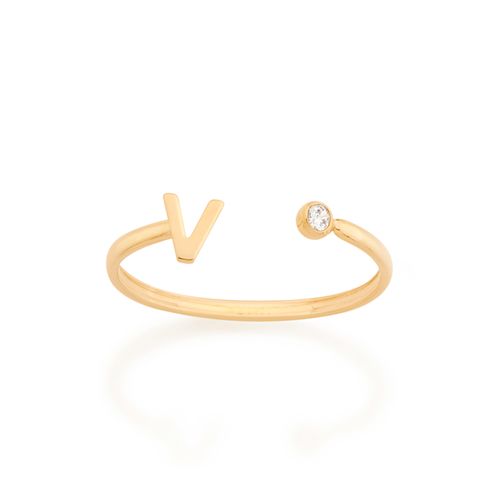 ANEL AJUSTÁVEL LETRA BANHADO A OURO 18K COM ZIRCÔNIA-LETRA V