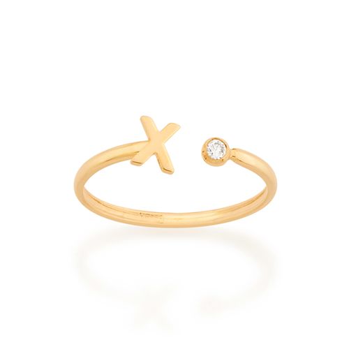 ANEL AJUSTÁVEL LETRA BANHADO A OURO 18K COM ZIRCÔNIA-LETRA X
