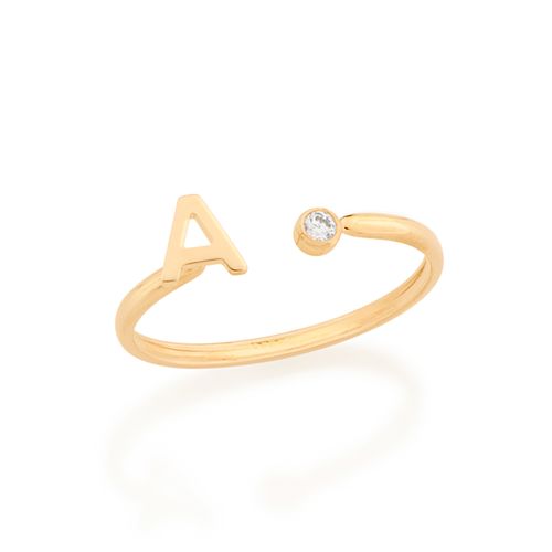 ANEL AJUSTÁVEL LETRA BANHADO A OURO 18K COM ZIRCÔNIA-LETRA A