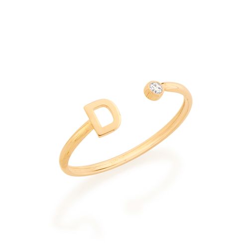 ANEL AJUSTÁVEL LETRA BANHADO A OURO 18K COM ZIRCÔNIA-LETRA D