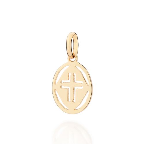 PINGENTE OVAL COM CRUZ VAZADA BANHADO A OURO 18K