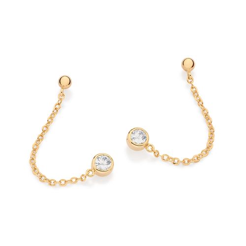 BRINCO PÊNDULO DUPLO BANHADO A OURO 18K COM ZIRCÔNIAS