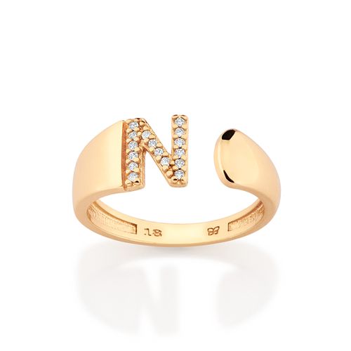 ANEL LETRA BANHADO A OURO 18K COM ZIRCÔNIAS -LETRA N