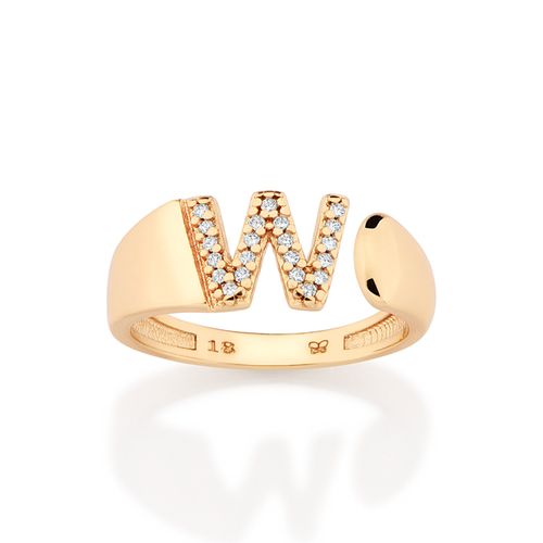 ANEL LETRA BANHADO A OURO 18K COM ZIRCÔNIAS -LETRA W