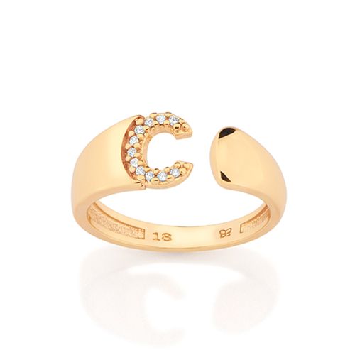ANEL LETRA BANHADO A OURO 18K COM ZIRCÔNIAS -LETRA C
