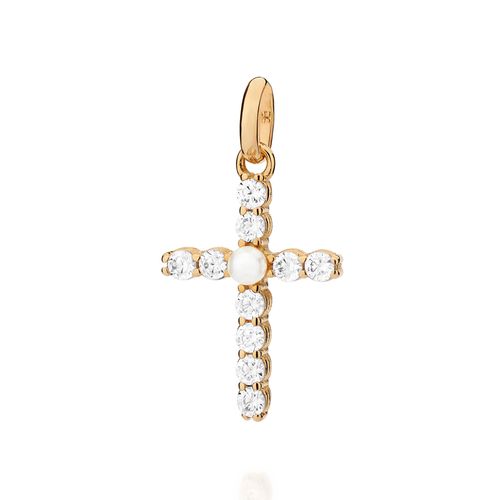 PINGENTE CRUZ BANHADO A OURO 18K COM ZIRCÔNIAS E PÉROLA SINTÉTICA