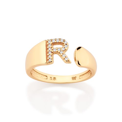 ANEL LETRA BANHADO A OURO 18K COM ZIRCÔNIAS -LETRA R