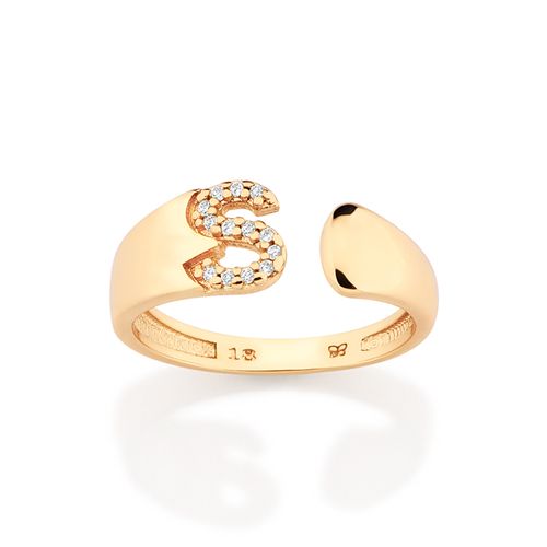 ANEL LETRA BANHADO A OURO 18K COM ZIRCÔNIAS -LETRA S