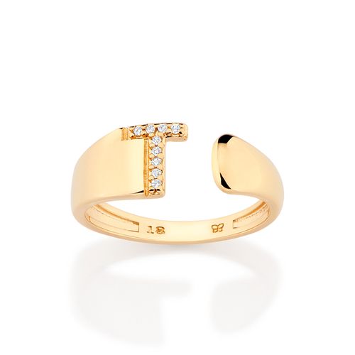 ANEL LETRA BANHADO A OURO 18K COM ZIRCÔNIAS -LETRA T