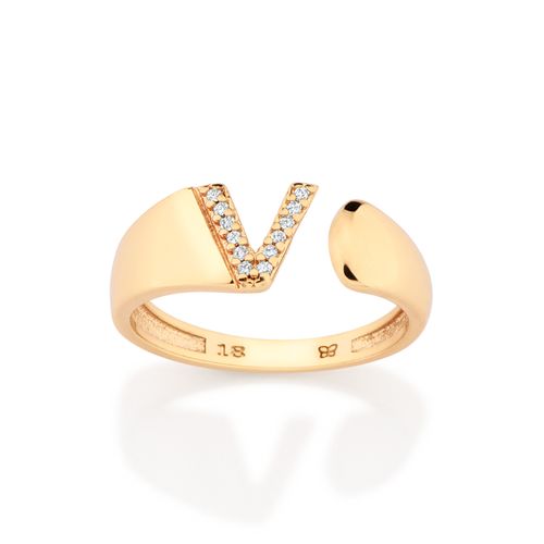 ANEL LETRA BANHADO A OURO 18K COM ZIRCÔNIAS -LETRA V