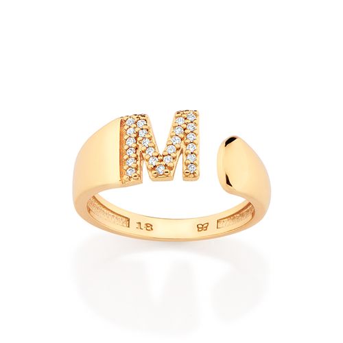 ANEL LETRA BANHADO A OURO 18K COM ZIRCÔNIAS -LETRA M