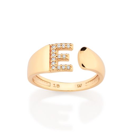 ANEL LETRA BANHADO A OURO 18K COM ZIRCÔNIAS -LETRA E