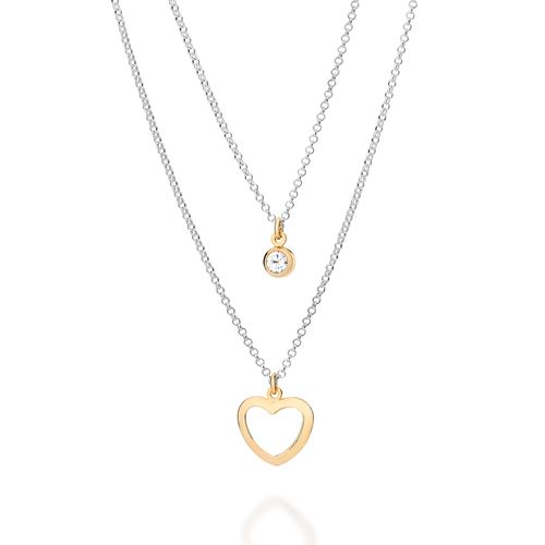 GARGANTILHA DUPLA DE PRATA MACIÇA 925 COM PONTO DE LUZ E CORAÇÃO VAZADO BANHADOS A OURO 18K COM ZIRCÔNIA