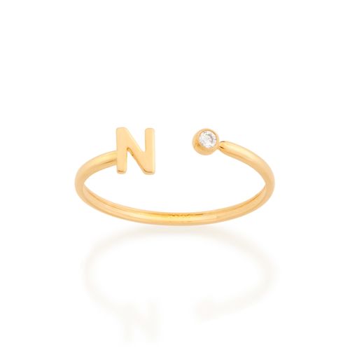 ANEL AJUSTÁVEL LETRA BANHADO A OURO 18K COM ZIRCÔNIA-LETRA N
