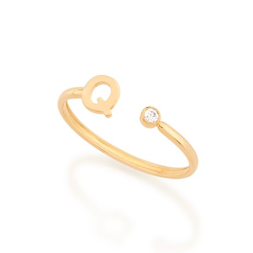 ANEL AJUSTÁVEL LETRA BANHADO A OURO 18K COM ZIRCÔNIA-LETRA Q