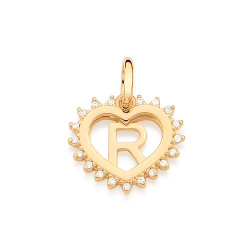 PINGENTE CORAÇÃO COM LETRA BANHADO A OURO 18K COM ZIRCÔNIAS-LETRA R