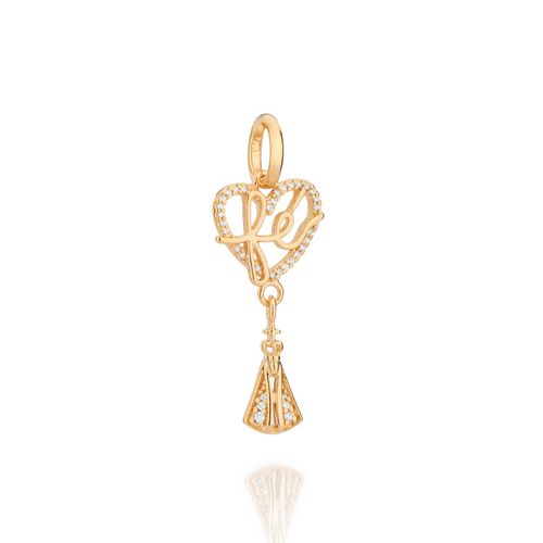PINGENTE COM CORAÇÃO, PALAVRA FÉ E NOSSA SENHORA APARECIDA BANHADO A OURO 18K COM ZIRCÔNIAS