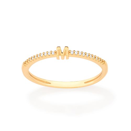 ANEL SKINNY LETRA BANHADO A OURO 18K COM ZIRCÔNIAS-LETRA M