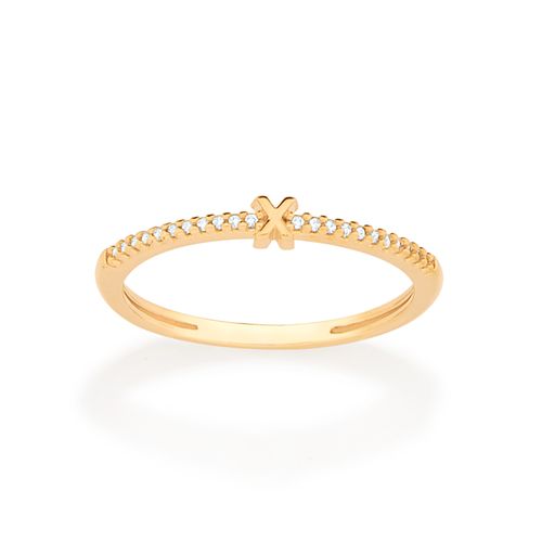 ANEL SKINNY LETRA BANHADO A OURO 18K COM ZIRCÔNIAS-LETRA X