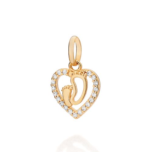 PINGENTE CORAÇÃO PÉS DE BEBÊ E MAMÃE BANHADO A OURO 18K COM ZIRCÔNIAS