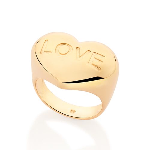 ANEL CORAÇÃO LOVE ABAULADO BANHADO A OURO 18K