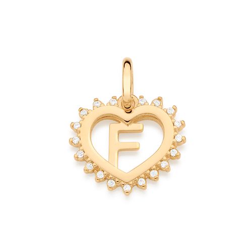 PINGENTE CORAÇÃO COM LETRA BANHADO A OURO 18K COM ZIRCÔNIAS-LETRA F