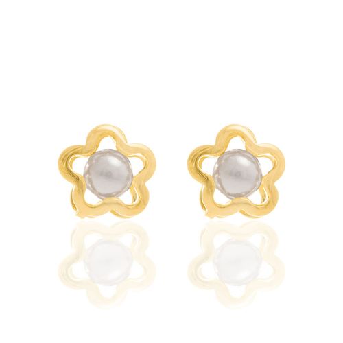 BRINCO BANHADO A OURO 18K FLOR COM PÉROLAS SINTÉTICAS