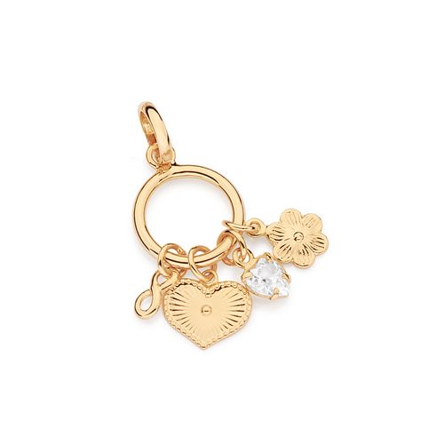 PINGENTE PÊNDULOS INFINITO, CORAÇÕES E FLOR BANHADO A OURO 18K COM ZIRCÔNIA