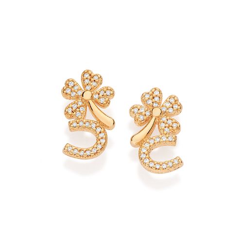 BRINCO TREVO E FERRADURA BANHADO A OURO 18K COM ZIRCÔNIAS