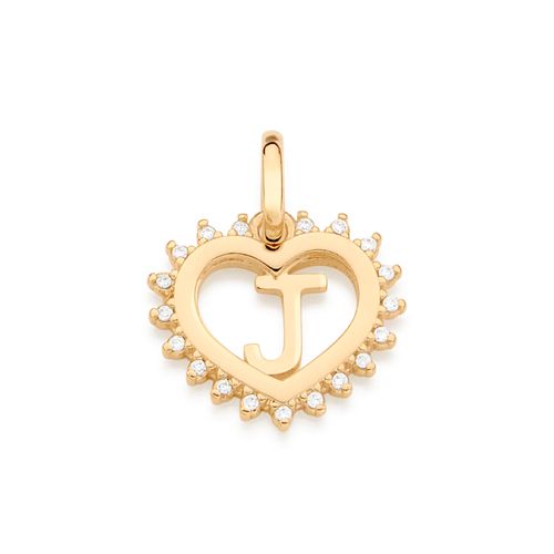 PINGENTE CORAÇÃO COM LETRA BANHADO A OURO 18K COM ZIRCÔNIAS-LETRA J