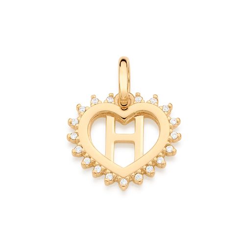 PINGENTE CORAÇÃO COM LETRA BANHADO A OURO 18K COM ZIRCÔNIAS-LETRA H