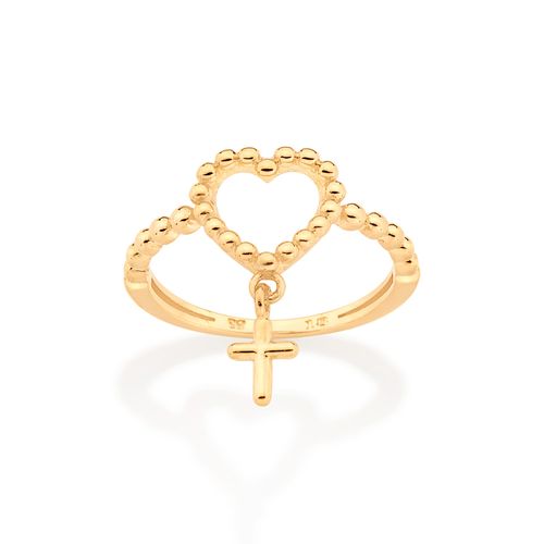 ANEL SKINNY CORAÇÃO COM CRUZ BANHADO A OURO 18K