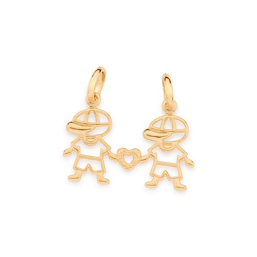 PINGENTE DOIS MENINOS E CORAÇÃO VAZADO BANHADO A OURO 18K