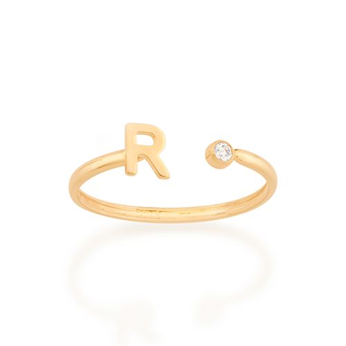 ANEL AJUSTÁVEL LETRA BANHADO A OURO 18K COM ZIRCÔNIA-LETRA R